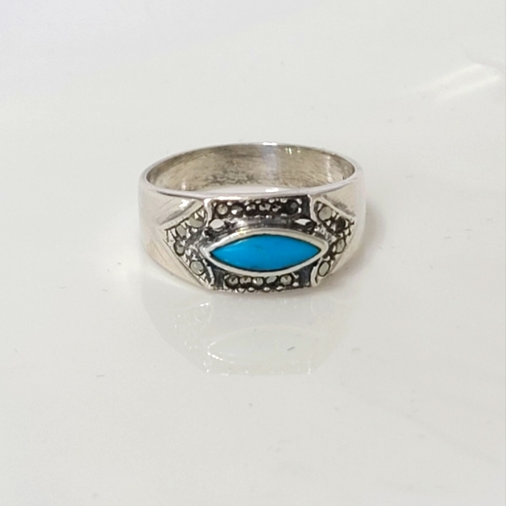 Vintage Sterling Silver Turquoise Marcasite Crystal Gemstone Boho Western Ring